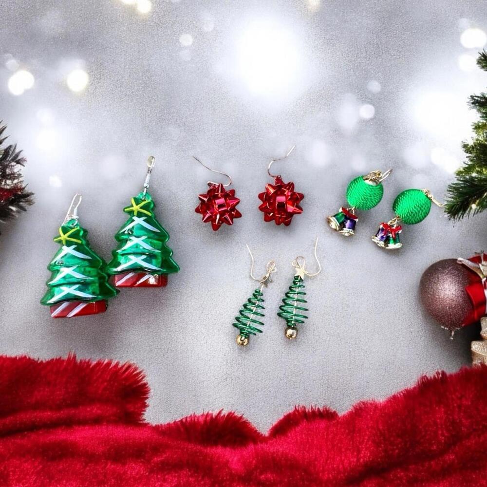 Set of 4 Pairs of Christmas Themed Earrings - Tree - 2 prs, Bow, Bell Designs